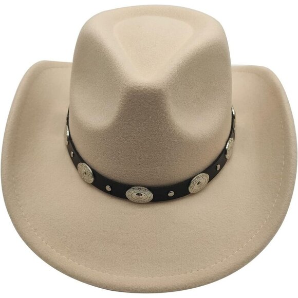 Accessories - Unisex Beige Western with Braided Band Buckle Classic Fedora Cowboy Felt Hat